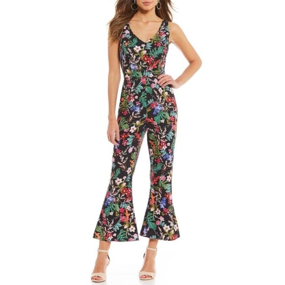 Gianni Bini Sophia Floral Print Cropped Flared Jumpsuit Sleeveless Black Size 0
